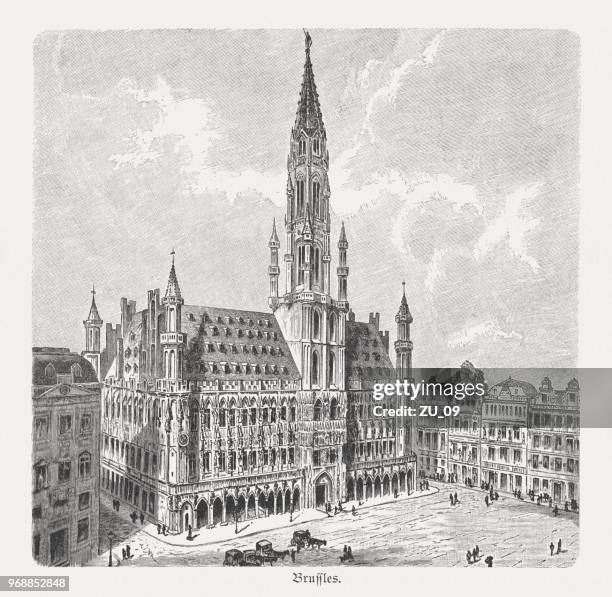brussels town hall, belgium, wood engraving, published in 1897 - brussels square stock illustrations