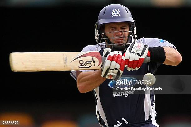 Brad Hodge of the Bushrangers bats during the Ford Ranger Cup match between the Queensland Bulls and the Victorian Bushrangers at The Gabba on...
