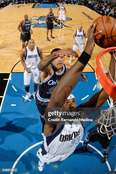 Brendan Haywood of the Dallas Mavericks dunks against the Orlando Magic during the game on February 19, 2010 at Amway Arena in Orlando, Florida. NOTE...