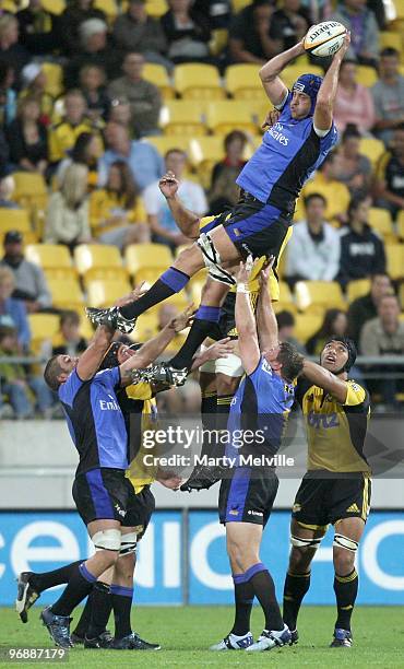 Nathan Sharpe of the Force wins a lineout ball during the round two Super 14 match between the Hurricanes and the Western Force at Westpac Stadium on...