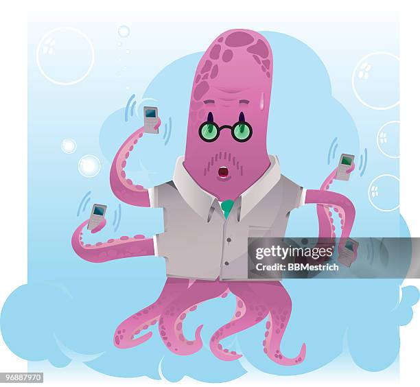 stressed octopus - multitasking phone stock illustrations
