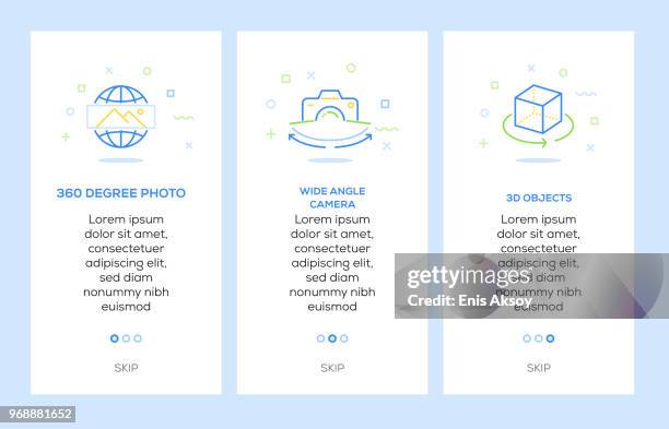 icons of 360 degree photo, wide angle camera, 3d objects. virtual reality concept web elements - futuristic interior stock illustrations
