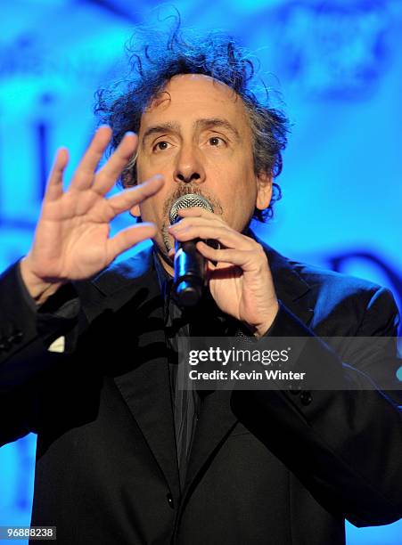 Director Tim Burton appears onstage at Walt Disney Pictures & Buena Vista Records "Alice in Wonderland" Fan Event at Hollywood & Highland on February...