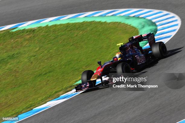 Jaime Alguersuari of Spain and Scuderia Toro Rosso drives during winter testing at the Circuito De Jerez on February 19, 2010 in Jerez de la...