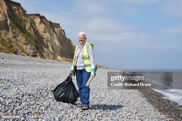 portrait of volunteer beach cleaner - volunteer beach photos et images de collection