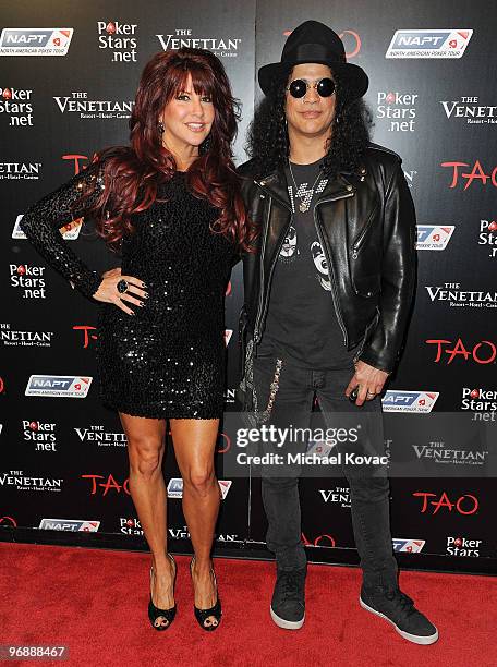 Musician Slash and wife Perla Hudson attend the Pokerstars.net after party with performance by T-Pain at TAO Nightclub at the Venetian on February...