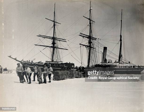 Officers hauling sledges of fodder from the Terra Nova to Cape Evans, Antarctica, 1911. British Antarctic Expedition 1910-1913.