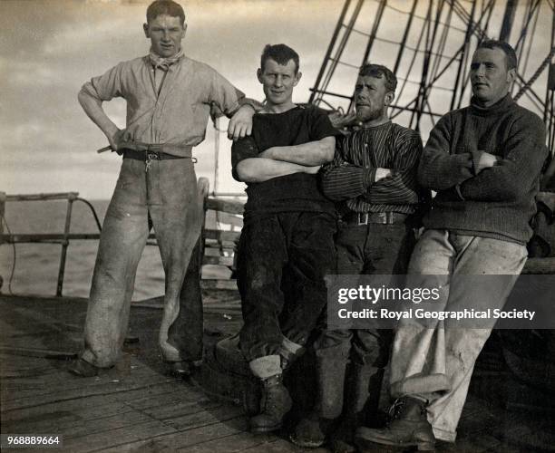 Group on the fo'castle off New Zealand , New Zealand, 1910. British Antarctic Expedition 1910-1913.