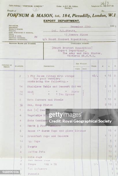 Fortnum & Mason invoice for provisions for the 1924 Mount Everest Expedition, China , 29th December 1923. Mount Everest Expedition 1924.