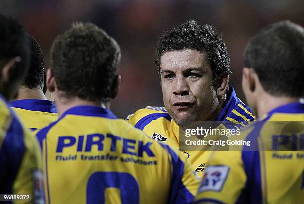 Nathan Cayless of the Eels talks to team mates after a Panthers try during the NRL trial match between the Penrith Panthers and the Parramatta Eels...