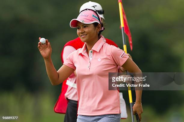 Ai Miyazato of Japan acknowledges the crowd on the 5th tee during round three of the Honda PTT LPGA Thailand at Siam Country Club on February 20,...