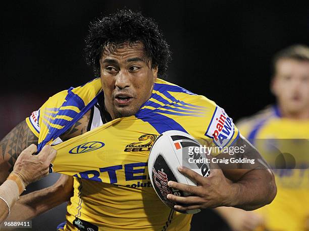 Fuifui Moimoi of the Eels is tackled during the NRL trial match between the Penrith Panthers and the Parramatta Eels at CUA Stadium on February 20,...