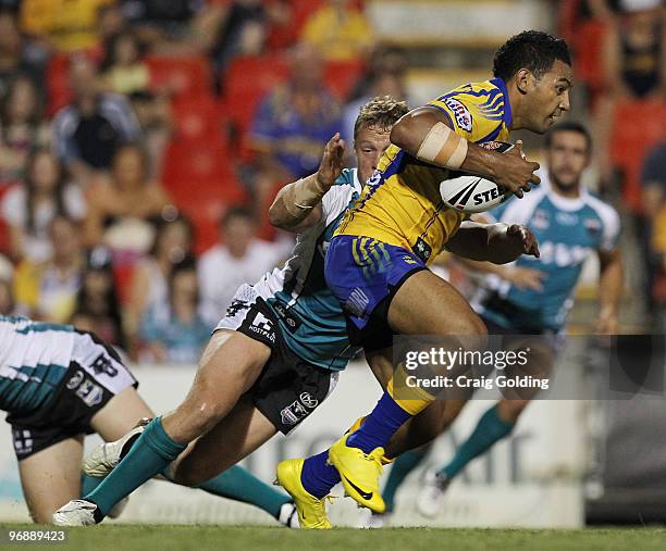 Krisnan Inu of the Eels is tackled during the NRL trial match between the Penrith Panthers and the Parramatta Eels at CUA Stadium on February 20,...