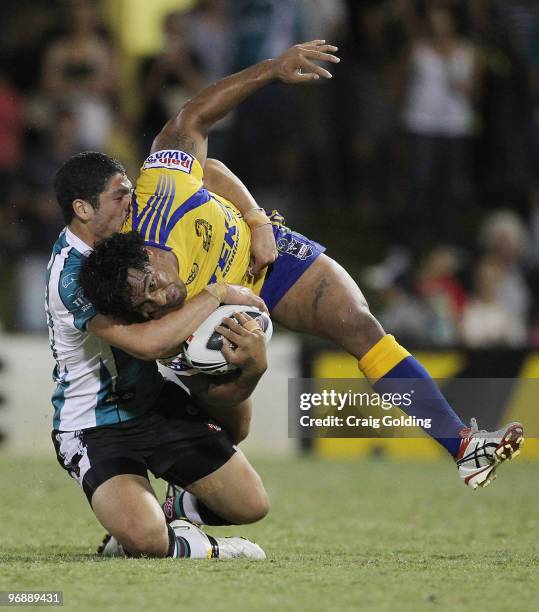 Fuifui Moimoi of the Eels is tackled during the NRL trial match between the Penrith Panthers and the Parramatta Eels at CUA Stadium on February 20,...