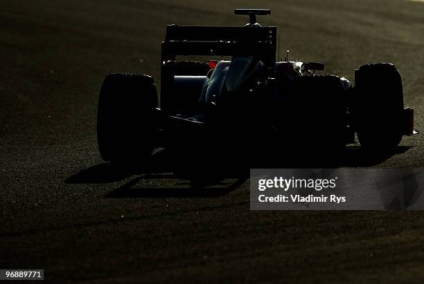 Timo Glock of Germany and Virgin GP drives during winter testing at the Circuito De Jerez on February 19, 2010 in Jerez de la Frontera, Spain.