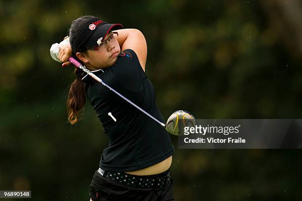 Ariya Jutanugarn of Thailand tees off on the 9th hole during round three of the Honda PTT LPGA Thailand at Siam Country Club on February 20, 2010 in...