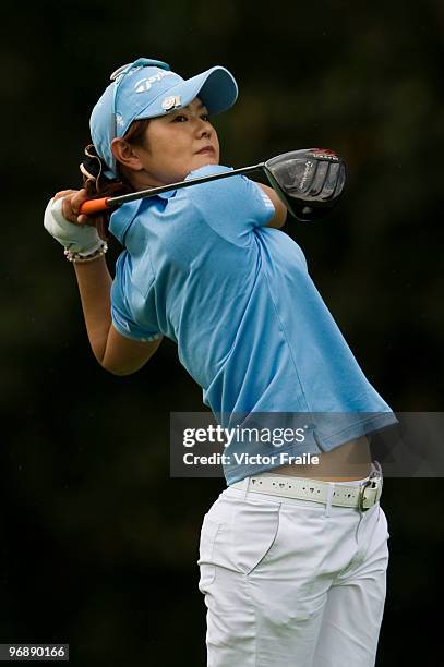 Shinobu Moromizato of Japan tees off on the 9th hole during round three of the Honda PTT LPGA Thailand at Siam Country Club on February 20, 2010 in...