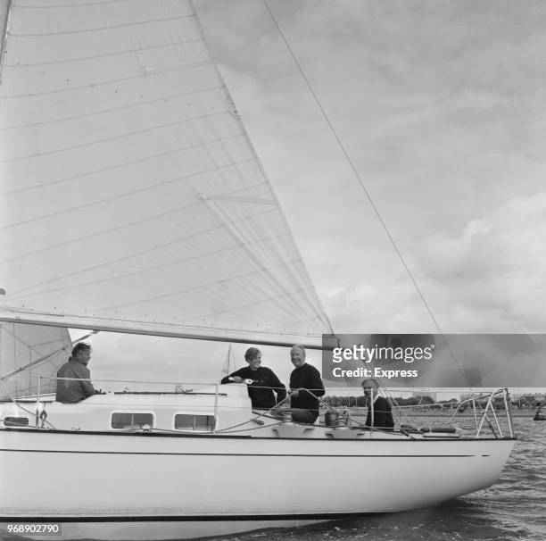 Leader of the Conservative Party Edward Heath sailing in the Solent with friends, UK, 17th July 1967.