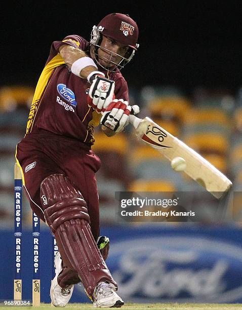 Chris Hartley of the Bulls bats during the Ford Ranger Cup match between the Queensland Bulls and the Victorian Bushrangers at The Gabba on February...