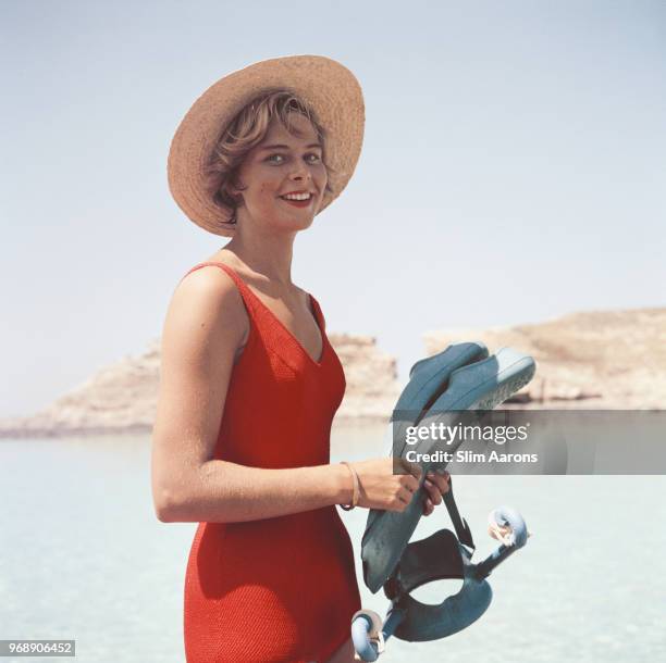 Marietine Birnie snorkeling at the Blue Lagoon, Kemmuna , Malta, July 1959.