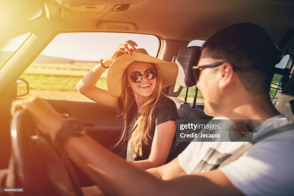 Couple having fun on roadtrip