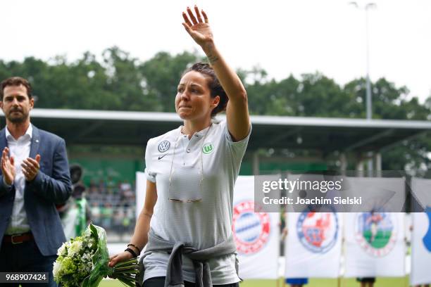 Vanessa Bernauer of Wolfsburg gestures before the Allianz Frauen Bundesliga match between VfL Wolfsburg and 1. FC Koeln at AOK-Stadion on June 3,...