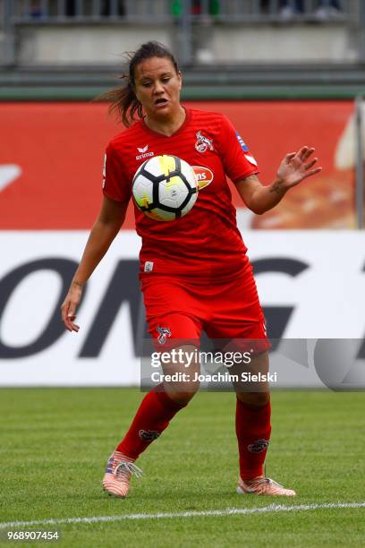 Amber Hearn of Koeln controls the ball during the Allianz Frauen Bundesliga match between VfL Wolfsburg and 1. FC Koeln at AOK-Stadion on June 3,...
