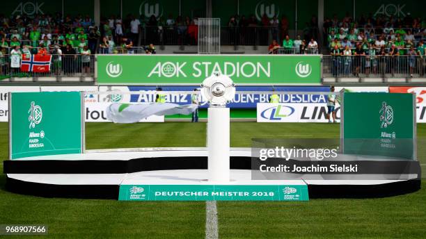 The stage for the champions after the Allianz Frauen Bundesliga match between VfL Wolfsburg and 1. FC Koeln at AOK-Stadion on June 3, 2018 in...