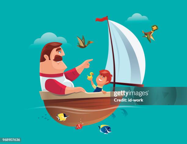 stockillustraties, clipart, cartoons en iconen met vader en zoon met plezier met zeilboot - angelfish