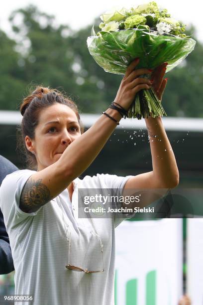 Vanessa Bernauer of Wolfsburg gestures before the Allianz Frauen Bundesliga match between VfL Wolfsburg and 1. FC Koeln at AOK-Stadion on June 3,...