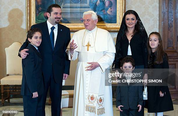 Pope Benedict XVI receives Lebanese prime minister Saad Hariri next to his wife Lara Azm, his sons Hussam , Rafik junior and his daughter Lulwa for...