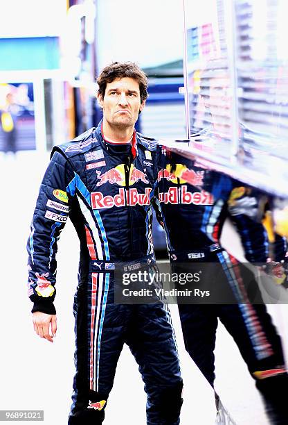 Mark Webber of Australia and Red Bull Racing is pictured in the paddock during winter testing at the Circuito De Jerez on February 19, 2010 in Jerez...