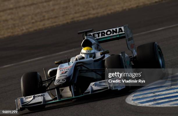 Nico Rosberg of Germany and Mercedes GP drives during winter testing at the Circuito De Jerez on February 19, 2010 in Jerez de la Frontera, Spain.