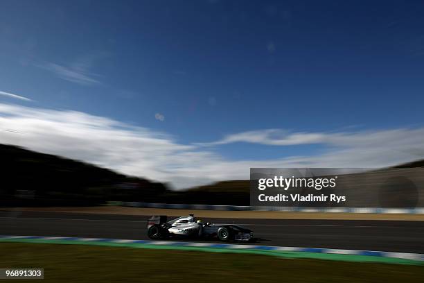 Nico Rosberg of Germany and Mercedes GP drives during winter testing at the Circuito De Jerez on February 19, 2010 in Jerez de la Frontera, Spain.