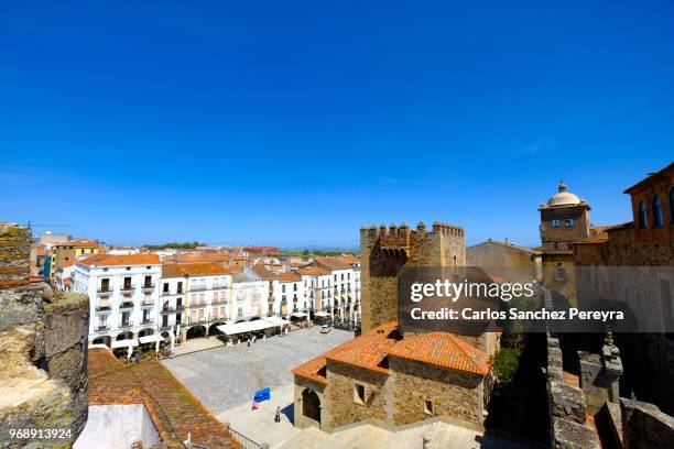 medieval city of caceres - town square stockfoto's en -beelden