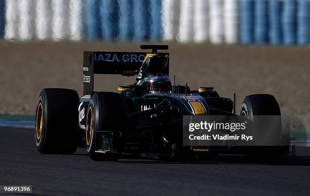 Jarno Trulli of Italy and Lotus drives during winter testing at the Circuito De Jerez on February 19, 2010 in Jerez de la Frontera, Spain.