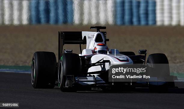 Kamui Kobayashi of Japan and BMW Sauber drives during winter testing at the Circuito De Jerez on February 19, 2010 in Jerez de la Frontera, Spain.