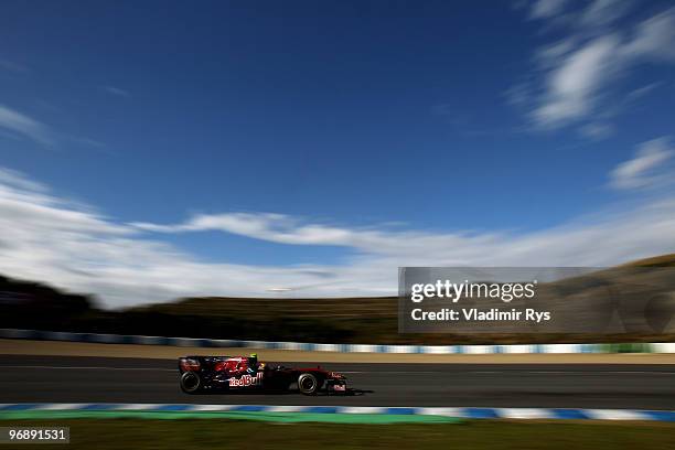 Jaime Alguersuari of Spain and Scuderia Toro Rosso drives during winter testing at the Circuito De Jerez on February 19, 2010 in Jerez de la...