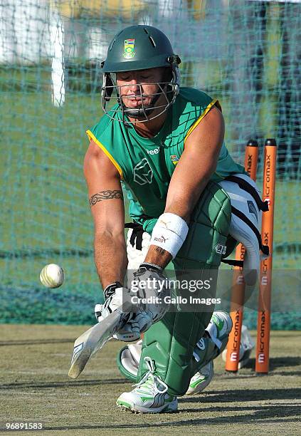Herschelle Gibbs of South Africa in action during a nets session at Sawai Mansingh Stadium on February 20, 2010 in Jaipur, India.
