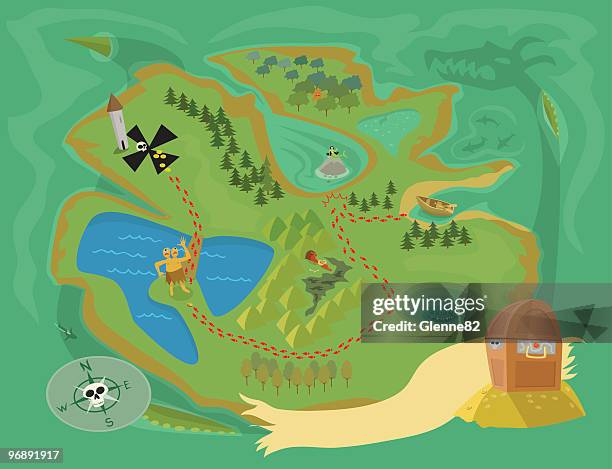 treasure map of sea serpent island - swamp monster stock illustrations