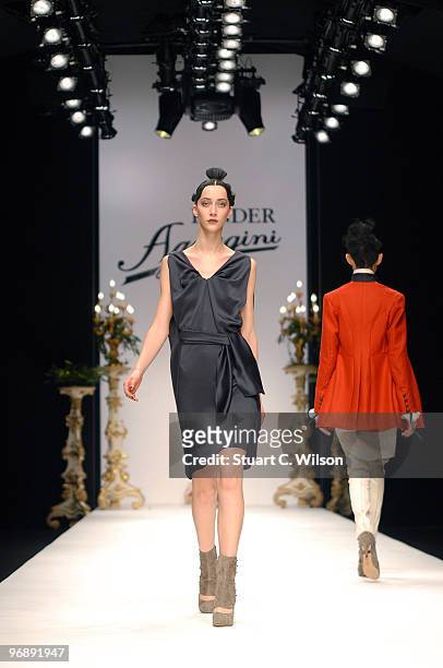 Model walks down the catwalk at the Kinder Aggugini show during London Fashion Week on February 20, 2010 in London, England.