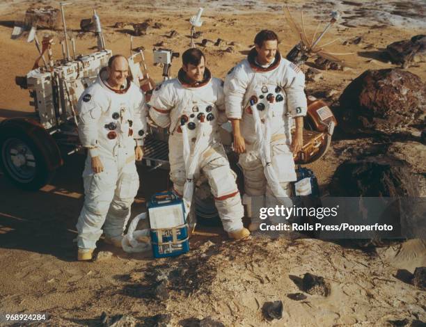 American astronauts and crew of the Apollo 16 manned mission to the Moon, from left, Command Module pilot Ken Mattingly, Mission Commander John Young...