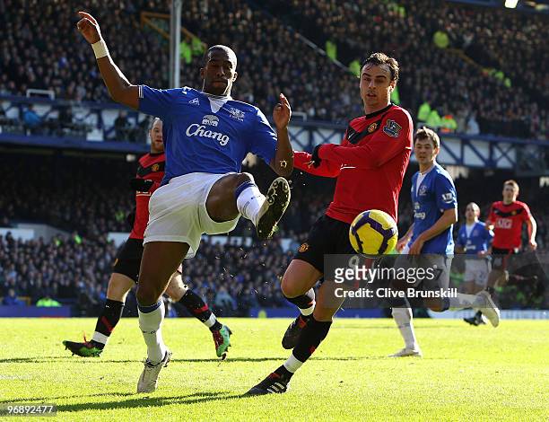 Sylvain Distin of Everton in action with Dimitar Berbatov of Manchester United during the Barclays Premier League match between Everton and...