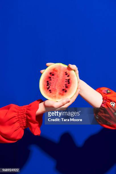 two hands holding watermelon - colorful fruit stock-fotos und bilder