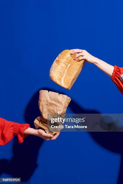 two hands with loaf of bread - woman bread stock pictures, royalty-free photos & images