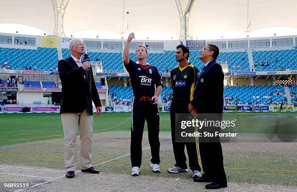 Pakistan captain Shoaib Malik looks on as England captain Paul Collingwood tosses the coin before the 2nd World Call T-20 Challenge match between...