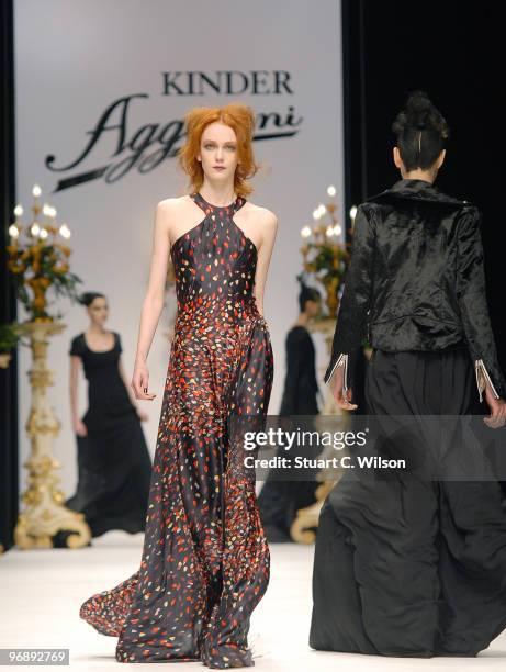 Model walks down the catwalk at the Kinder Aggugini show during London Fashion Week on February 20, 2010 in London, England.