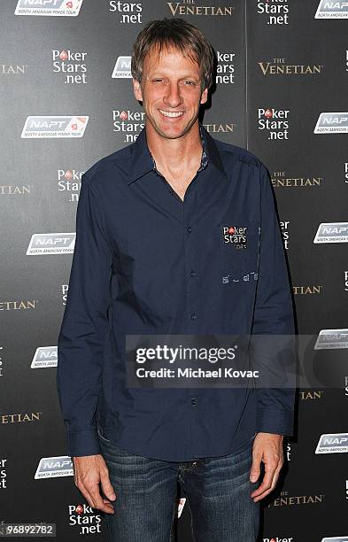 Pro skateboarder Tony Hawk arrives at Pokerstars.net's Celebrity Charity Poker Tournament at Venetian Hotel and Casino Resort on February 19, 2010 in...