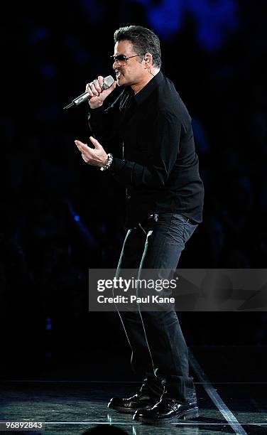 Singer George Michael performs on stage in concert on the first night of his "George Michael Live" Australian tour at Burswood Dome on February 20,...