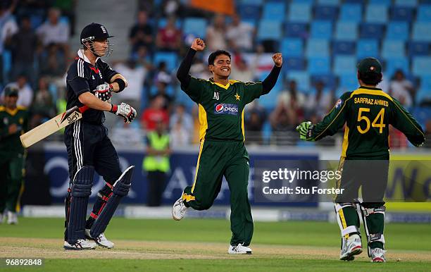 Pakistan bowler Yasir Arafat celebrates after bowling England batsman Joe Denly during the 2nd World Call T-20 Challenge match between Pakistan and...